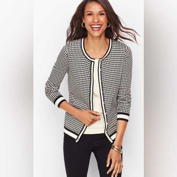 Talbots Sweaters - Talbots Cardigan Top Women Medium Black Houndstooth Plaid Cotton Career Casual
